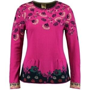 IVKO Magenta Peplum Merino Wool Intarsia Crew Sweater